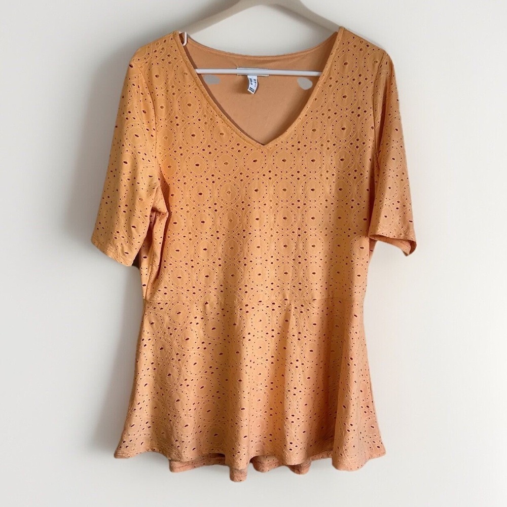 Isaac Mizrahi Live Womens Orange Eyelet V Neck Short Sleeve Tunic‎ Top M